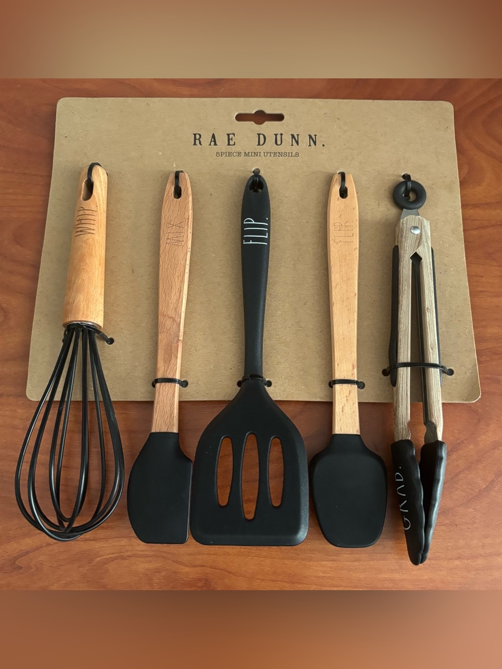 NWT Rae Dunn 5-Piece Mini Kitchen Utensil Set Black Silicone Wooden Handles